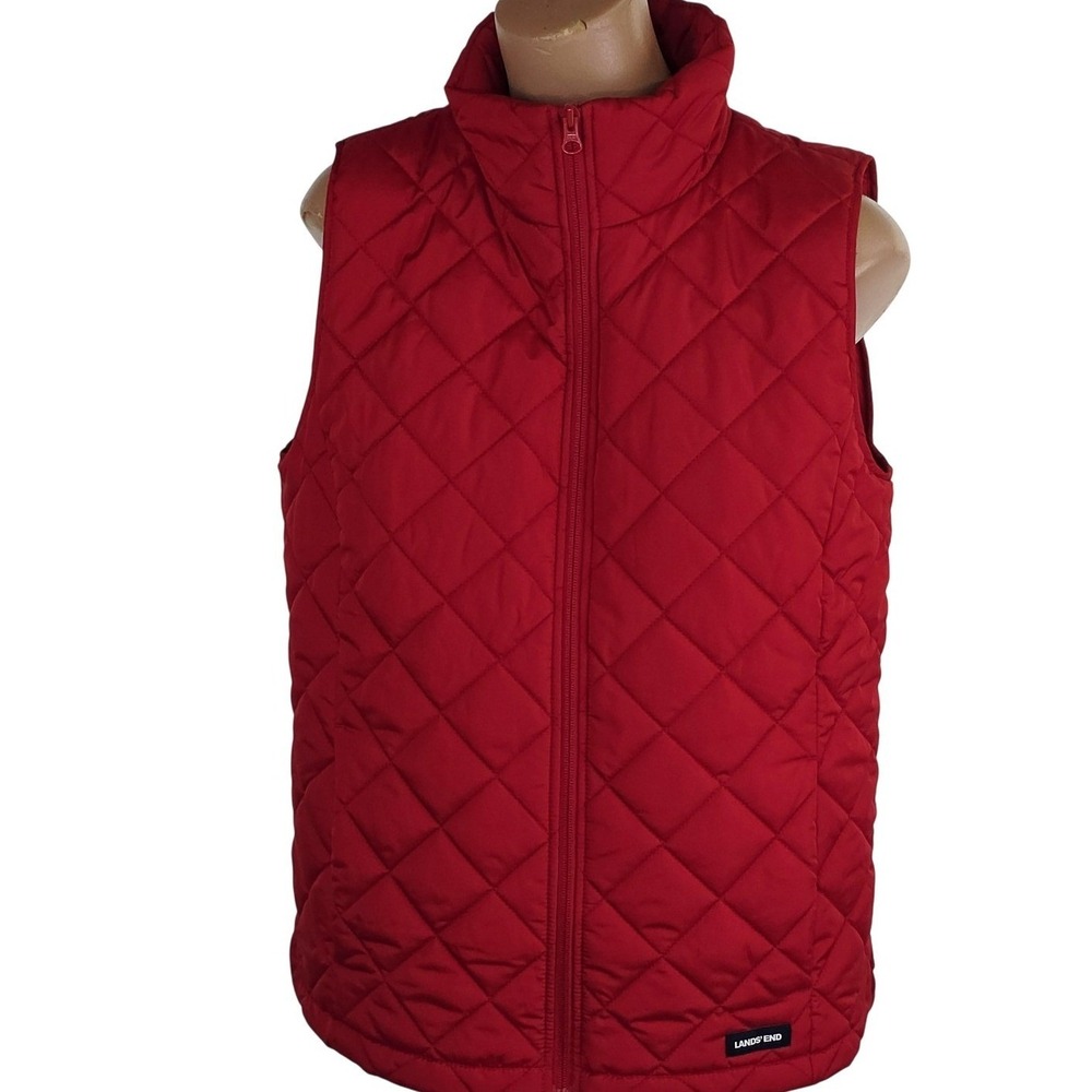 Lands' End Vest Womens Small Red Quilted Puffer Full Zip Diamond Quilted Casual
